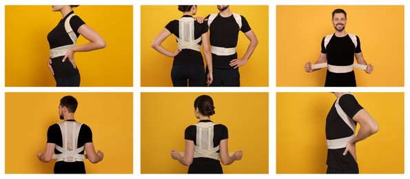 Image of Collage with photos of people with orthopedic corsets on yellow background. Banner design