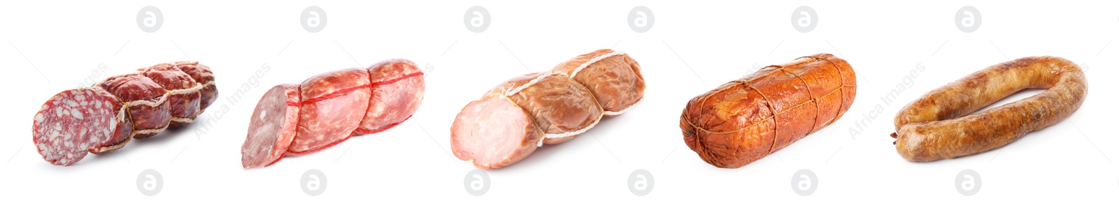 Image of Collage with different delicious sausages on white background