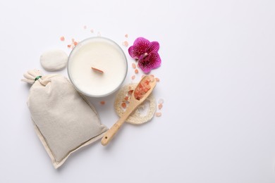 Photo of Flat lay composition with different spa products on white background. Space for text