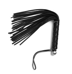 Photo of Black whip for sexual role play on white background, top view