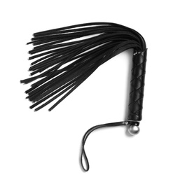 Black whip for sexual role play on white background, top view