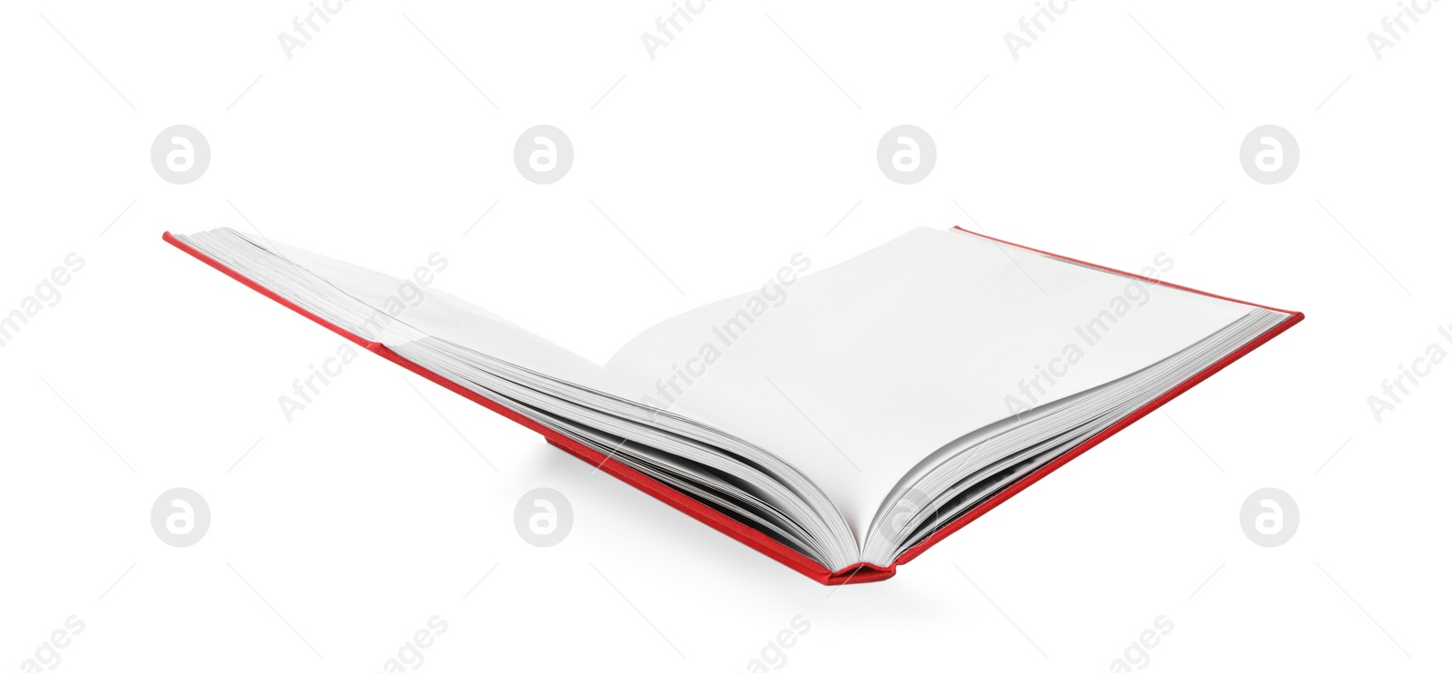 Photo of Open book with red cover on white background