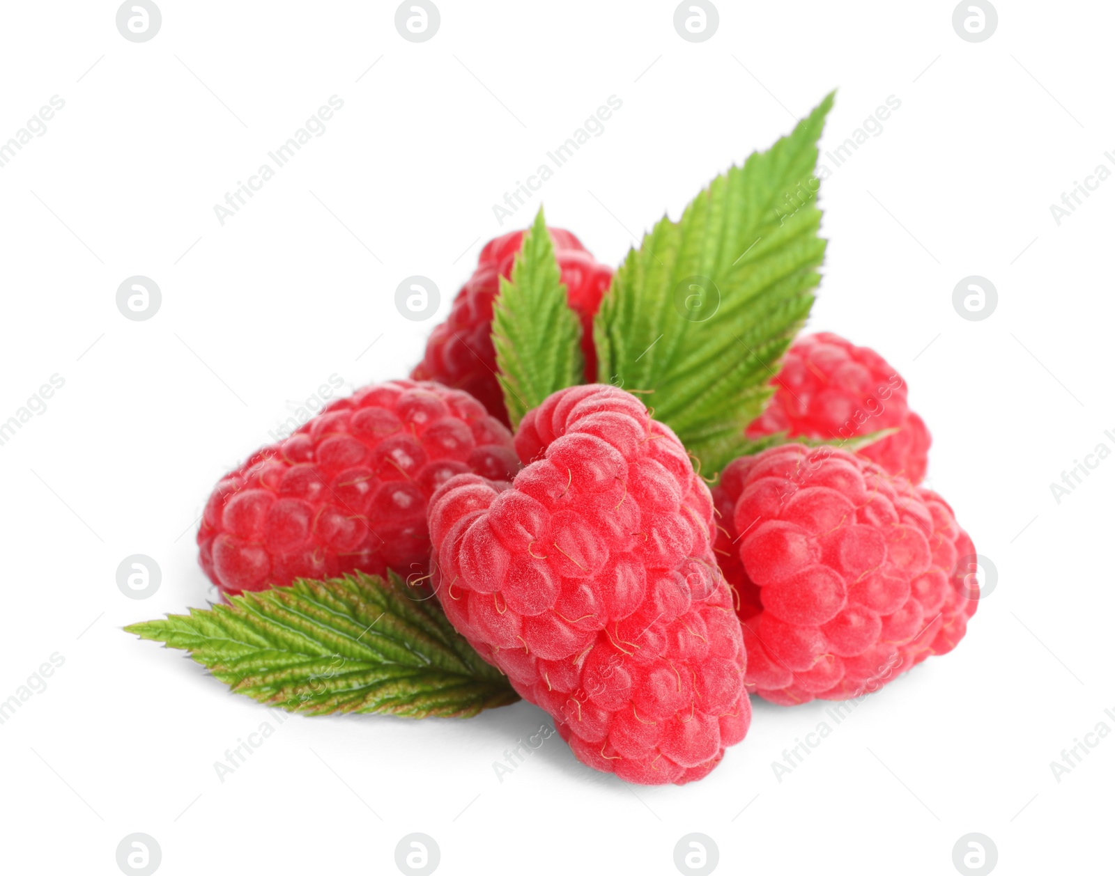 Photo of Delicious ripe sweet raspberries with leaves isolated on white