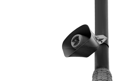 Low angle view of megaphone on pole against sky. Space for text