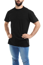 Young man in t-shirt on white background. Mockup for design