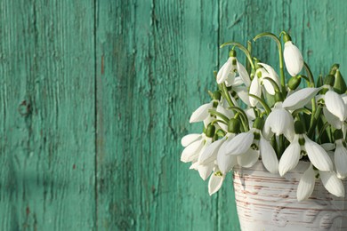 Photo of Beautiful snowdrops in vase near green fence, closeup. Space for text