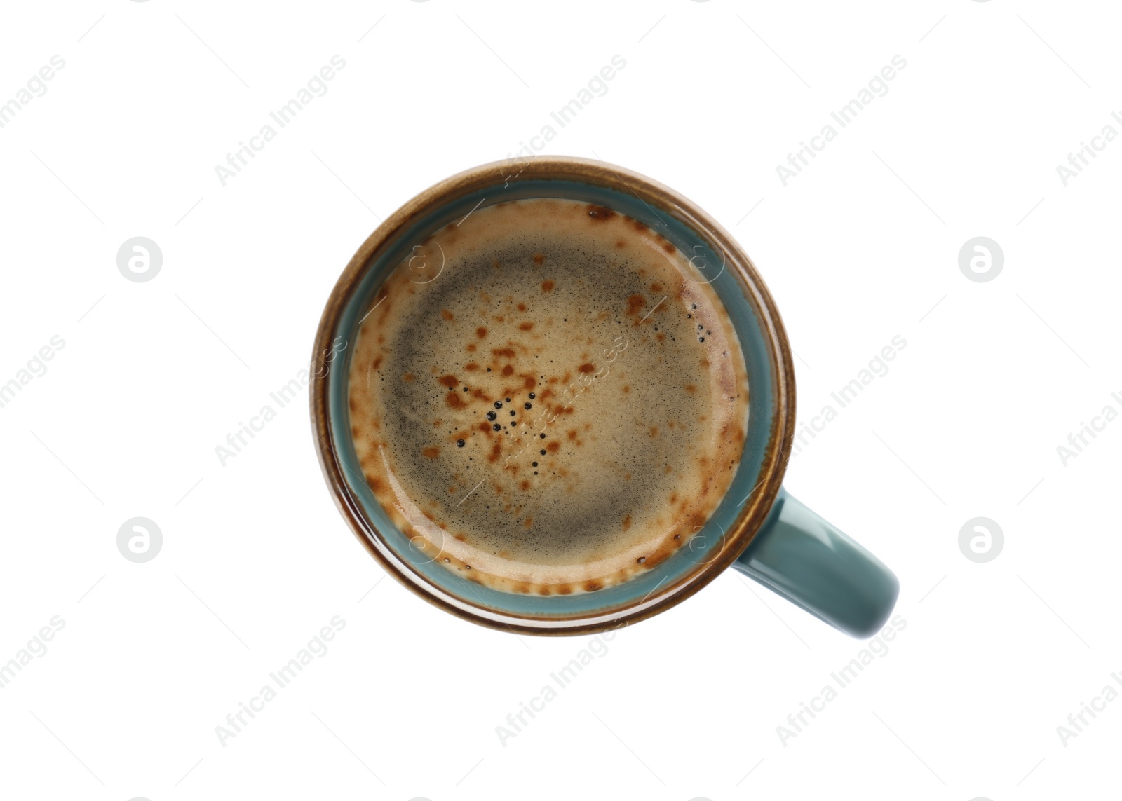 Photo of Cup of aromatic hot coffee on white background, top view