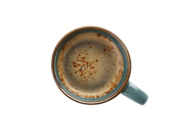 Photo of Cup of aromatic hot coffee on white background, top view