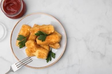 Photo of Plate with tasty fried mozzarella sticks and parsley served with ketchup on white marble table, flat lay. Space for text