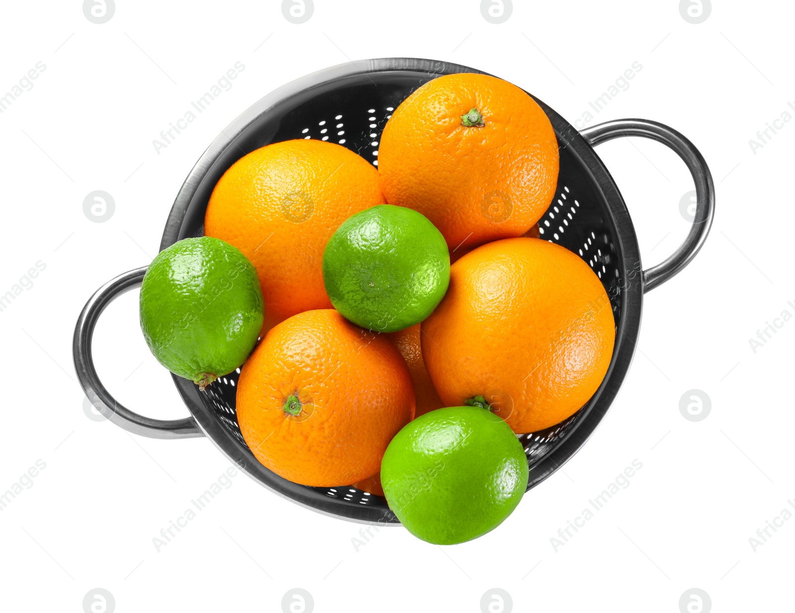 Photo of Colander with fresh fruits isolated on white, top view