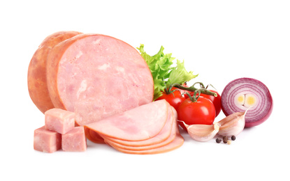 Photo of Tasty fresh ham with vegetables and pepper isolated on white