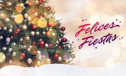 Felices Fiestas. Festive greeting card with happy holiday's wishes in Spanish and Christmas tree on light background