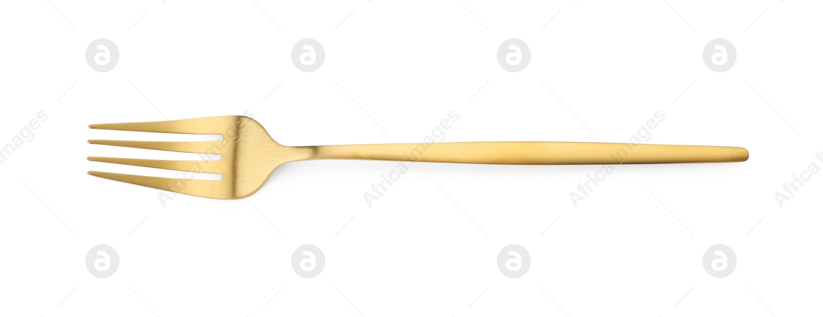 Photo of One shiny golden fork isolated on white, top view
