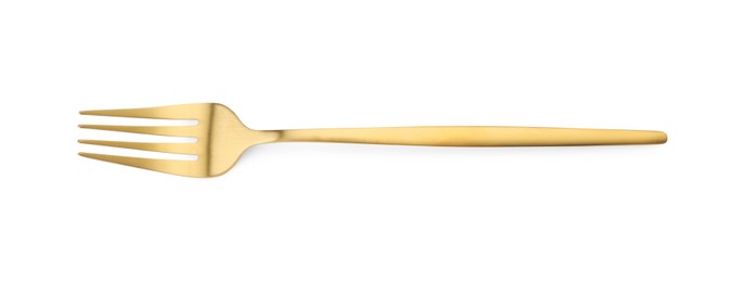 Photo of One shiny golden fork isolated on white, top view