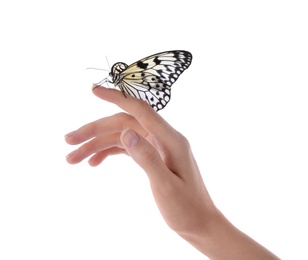 Woman holding beautiful rice paper butterfly on white background, closeup