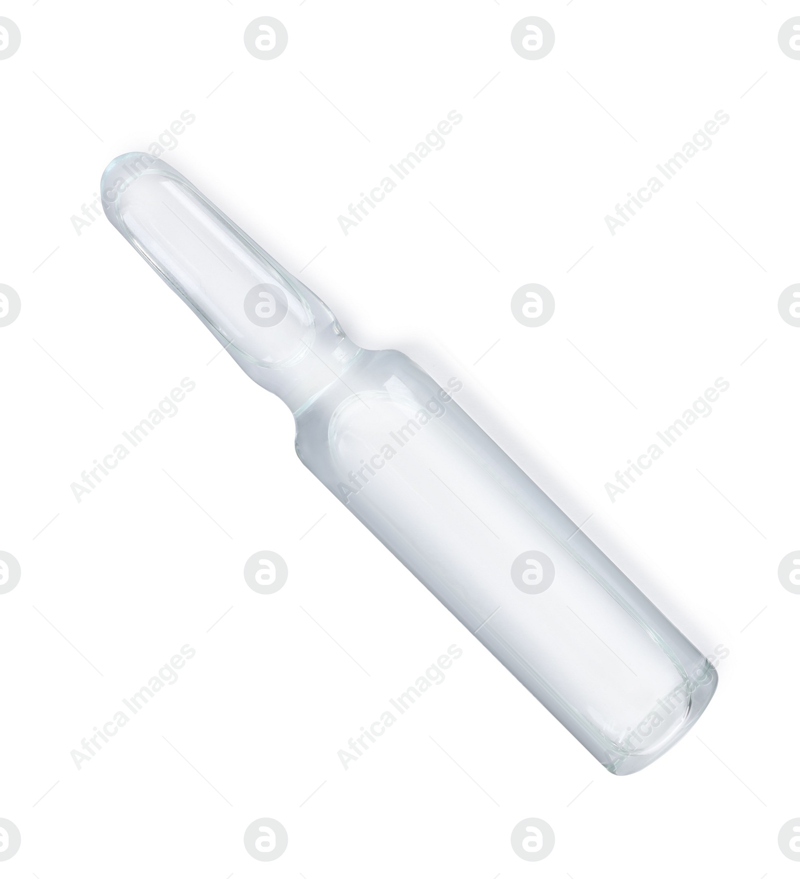 Photo of Glass ampoule with pharmaceutical product on white background, top view