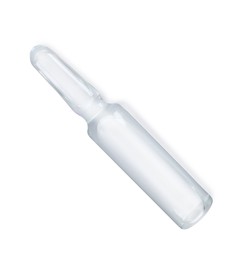 Photo of Glass ampoule with pharmaceutical product on white background, top view