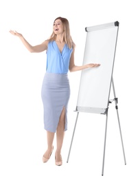 Photo of Female business trainer giving presentation against white background