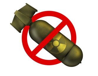 Illustration of Prevent nuclear war. Prohibition sign with atomic weapon on white background, illustration