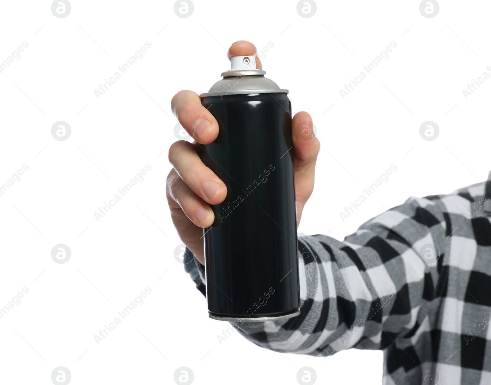 Photo of Man holding black can of spray paint on white background, closeup