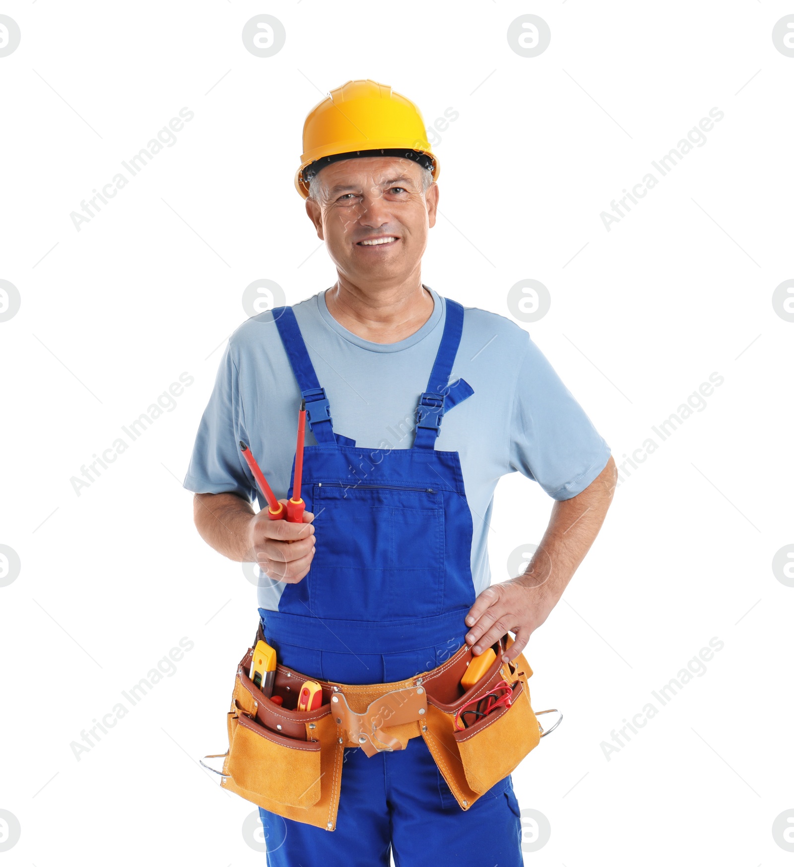 Photo of Electrician with tools wearing uniform on white background