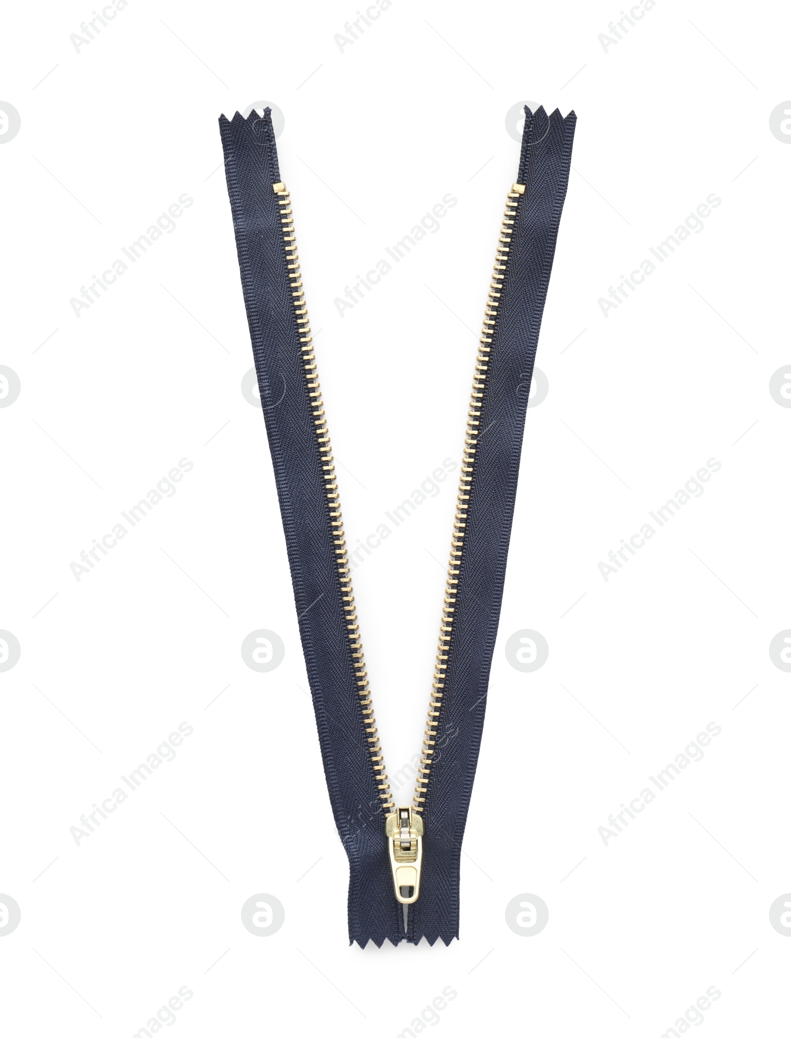 Photo of Dark blue zipper isolated on white, top view
