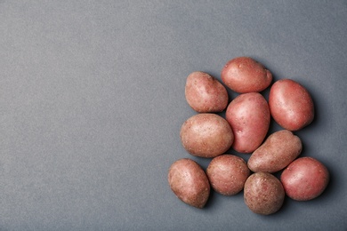 Flat lay composition with fresh organic potatoes and space for text on grey background