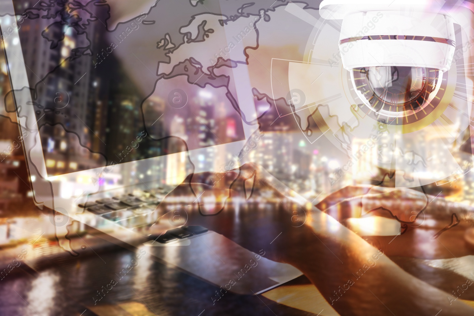 Image of Multiple exposure of woman with laptop, cctv camera and night city