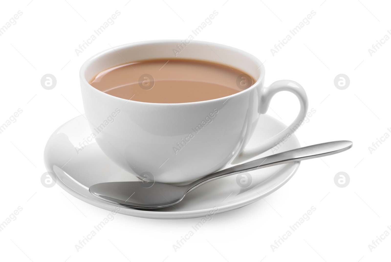 Photo of Delicious tea with milk on white background