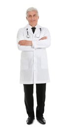 Full length portrait of male doctor with stethoscope isolated on white. Medical staff