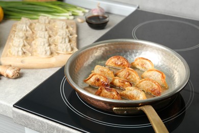Cooking gyoza on frying pan with hot oil in kitchen