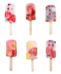 Image of Set with berry ice popsicles on white background, closeup