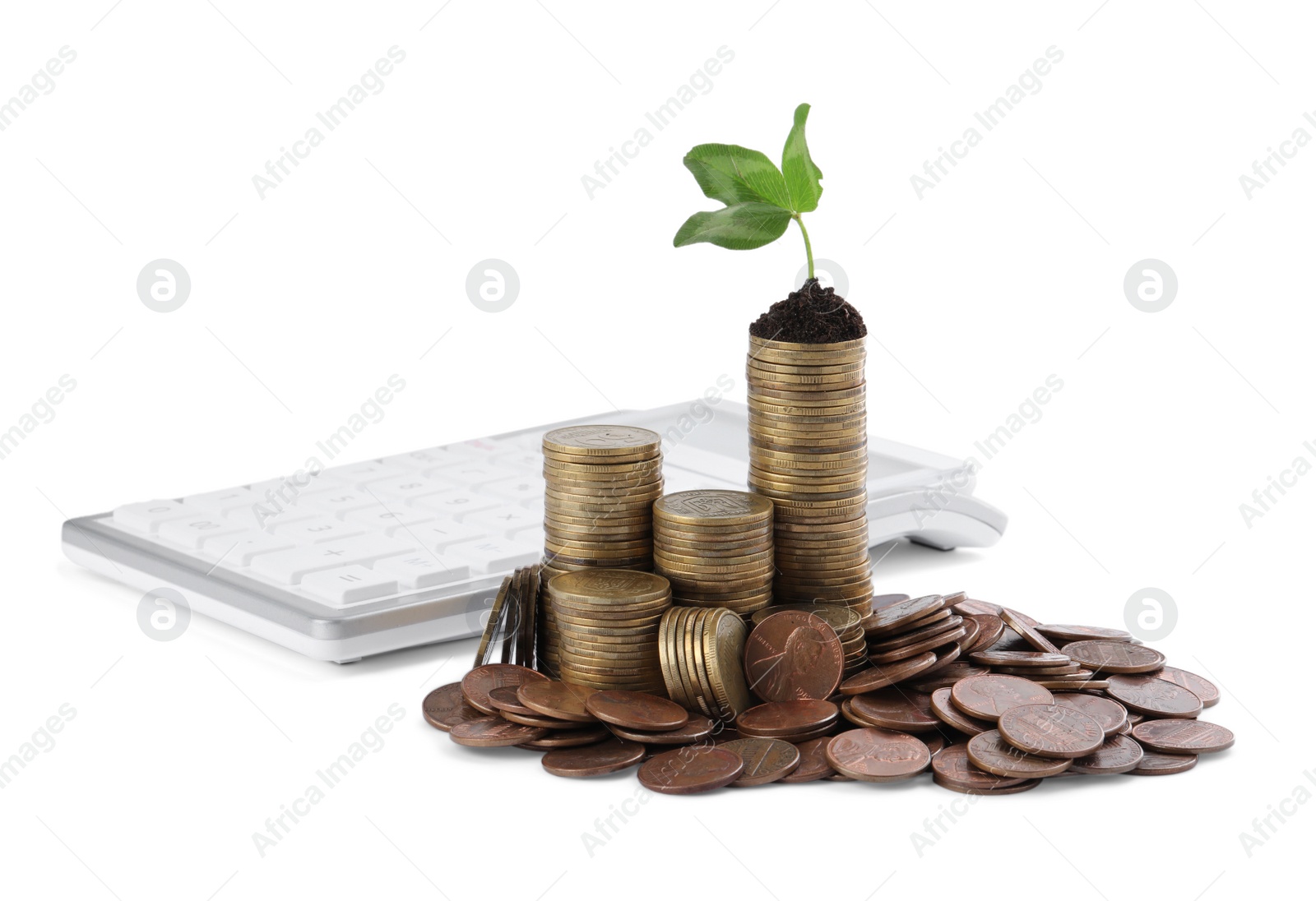 Photo of Stacks of coins with green plant and calculator on white background. Investment concept