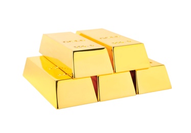 Photo of Precious shiny gold bars on white background