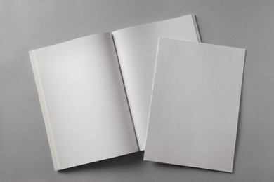 Photo of Paper sheet and open blank brochure on light grey background, flat lay