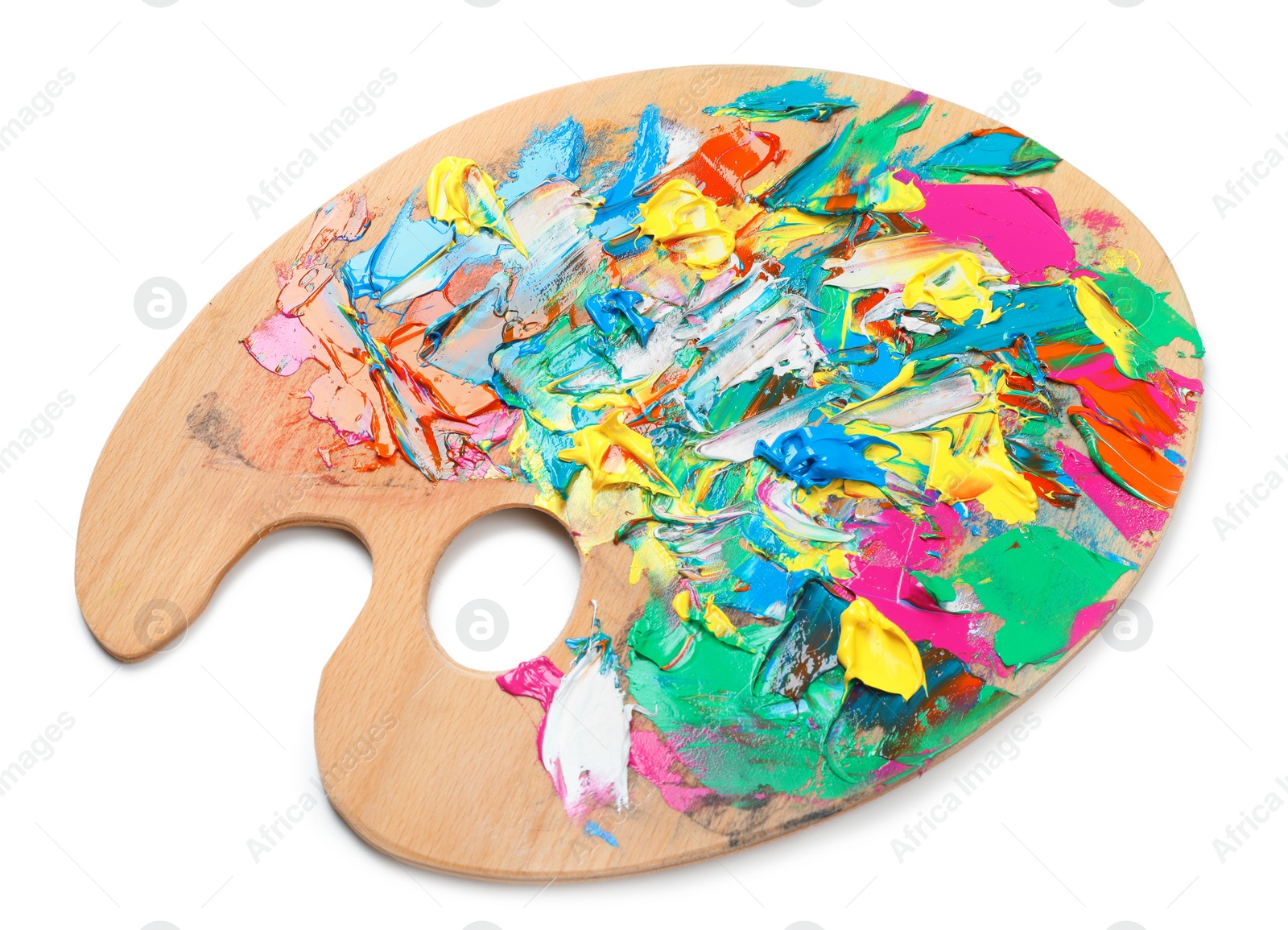 Photo of Palette with paints on white background. Artist equipment