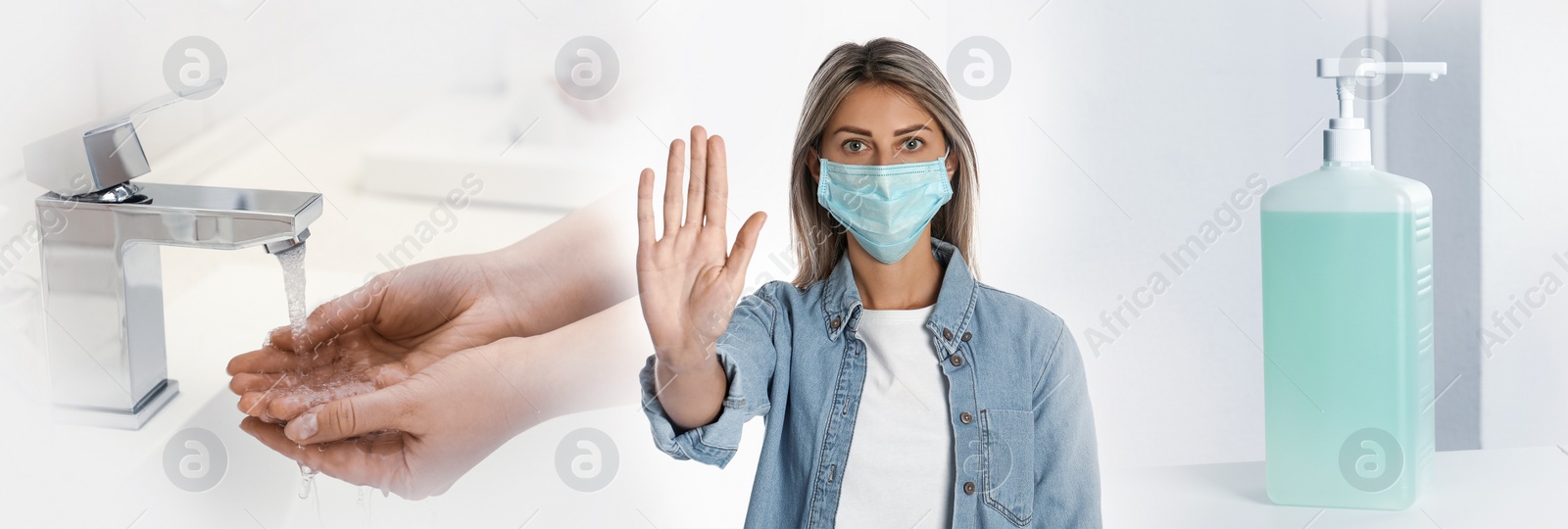 Image of Stop coronavirus spreading. Using sanitizer, wearing mask and washing hands - preventing contamination, banner design
