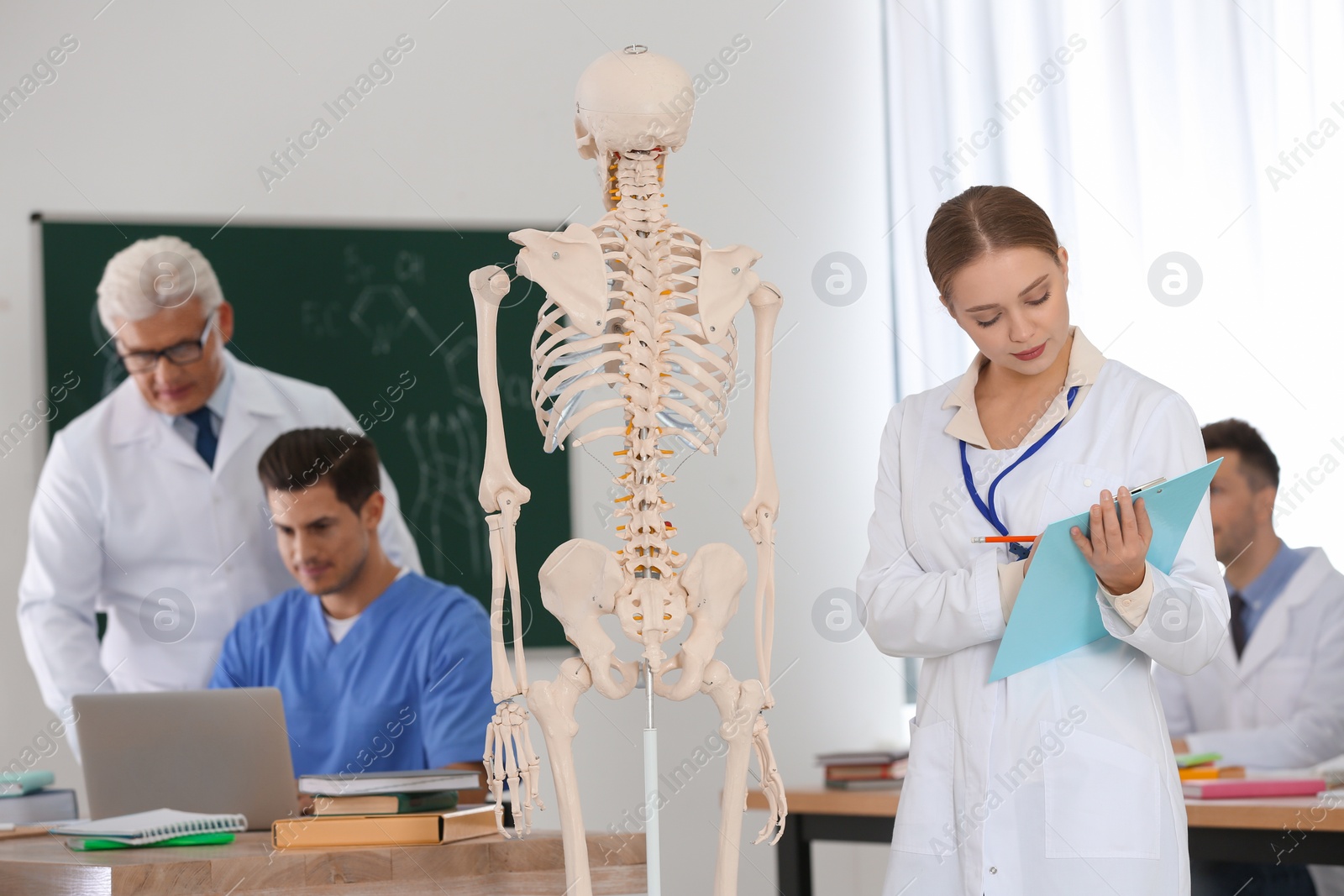 Photo of Medical students and professor studying human skeleton anatomy in classroom