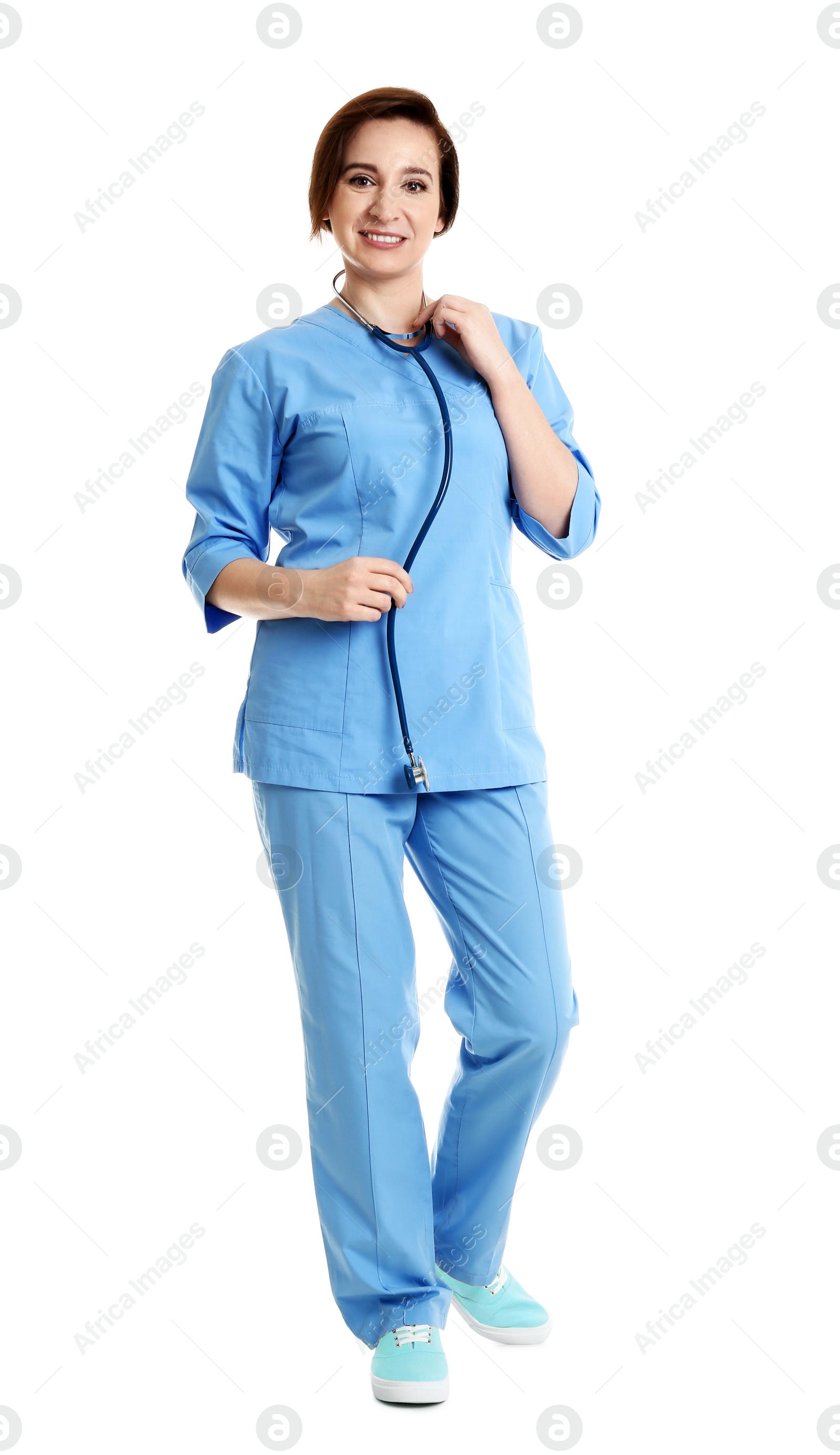 Photo of Full length portrait of experienced doctor in uniform on white background. Medical service