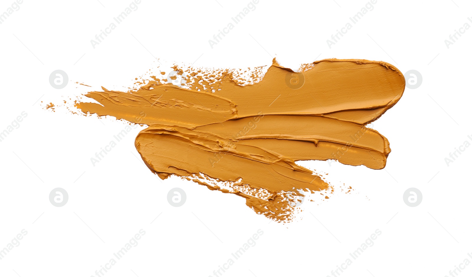 Photo of Light brown oil paint strokes on white background, top view