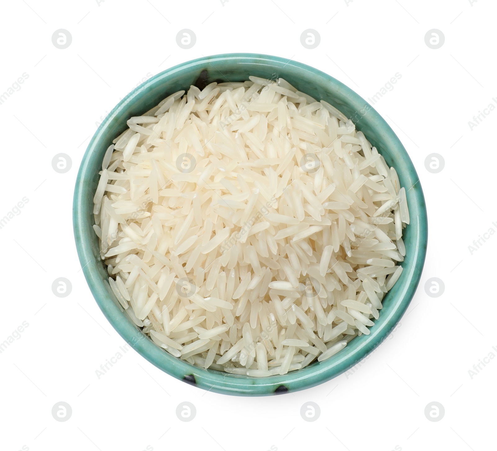 Photo of Raw basmati rice in bowl isolated on white, top view