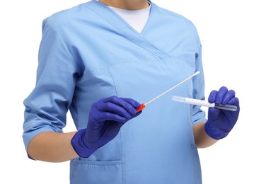 Laboratory testing. Doctor with cotton swab and tube on white background, closeup