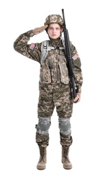 Photo of Female soldier with machine gun on white background. Military service