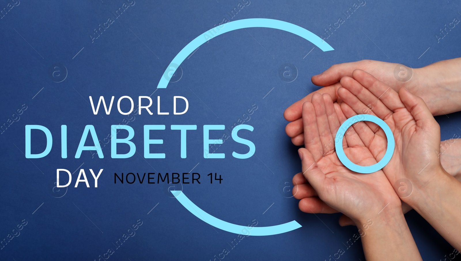 Image of World Diabetes Day. People holding blue paper circle on color background, top view. Banner design