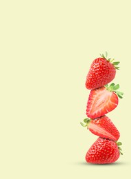 Image of Stack of fresh strawberries on beige background, space for text