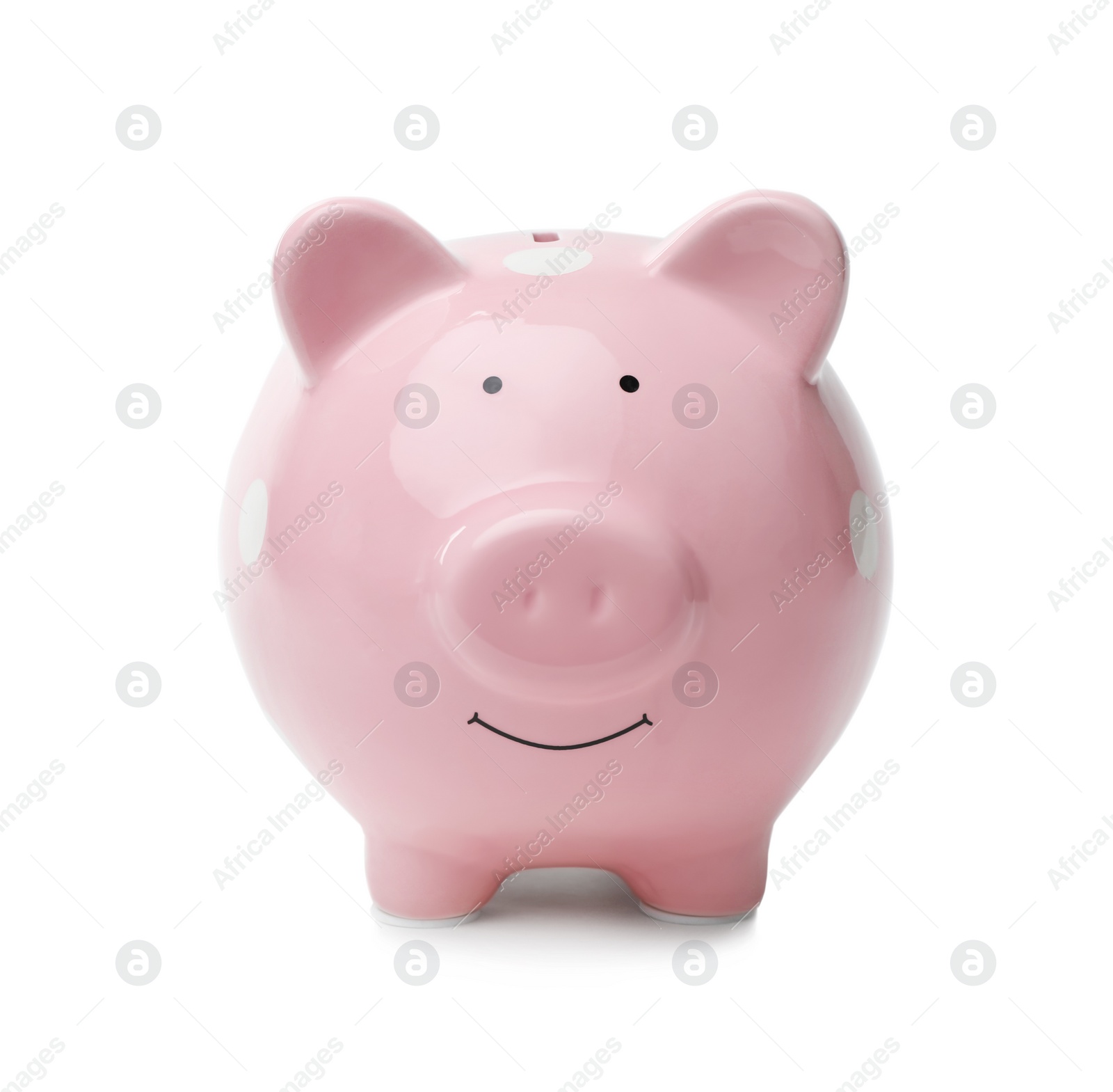 Photo of Cute pink piggy bank on white background. Money saving