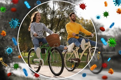 Image of Couple with strong immunity riding bicycles outdoors. Bubble around them blocking viruses, illustration