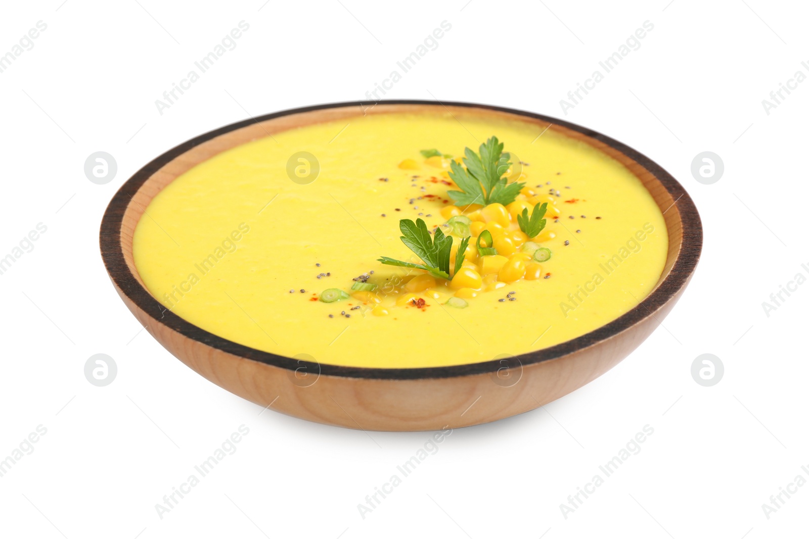 Photo of Delicious creamy corn soup isolated on white