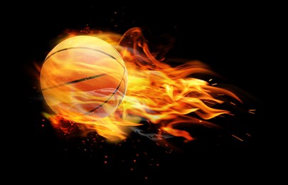 Image of Basketball ball with bright flame on black background 