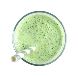 Photo of Glass of green buckwheat smoothie isolated on white, top view